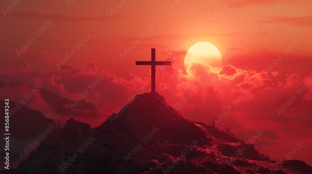 Cross on hilltop during red sunset, silhouette view. Religious and spiritual concept Cross on hilltop during red sunset, silhouette view. Religious and spiritual concept