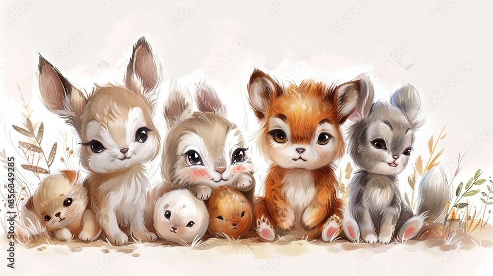 This image portrays a charming group of baby animals including a fawn, a rabbit, and more in a pastel setting This image portrays a charming group of baby animals including a fawn, a rabbit, and more in a pastel setting
