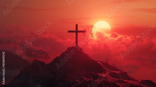 Cross on hilltop during red sunset, silhouette view. Religious and spiritual concept