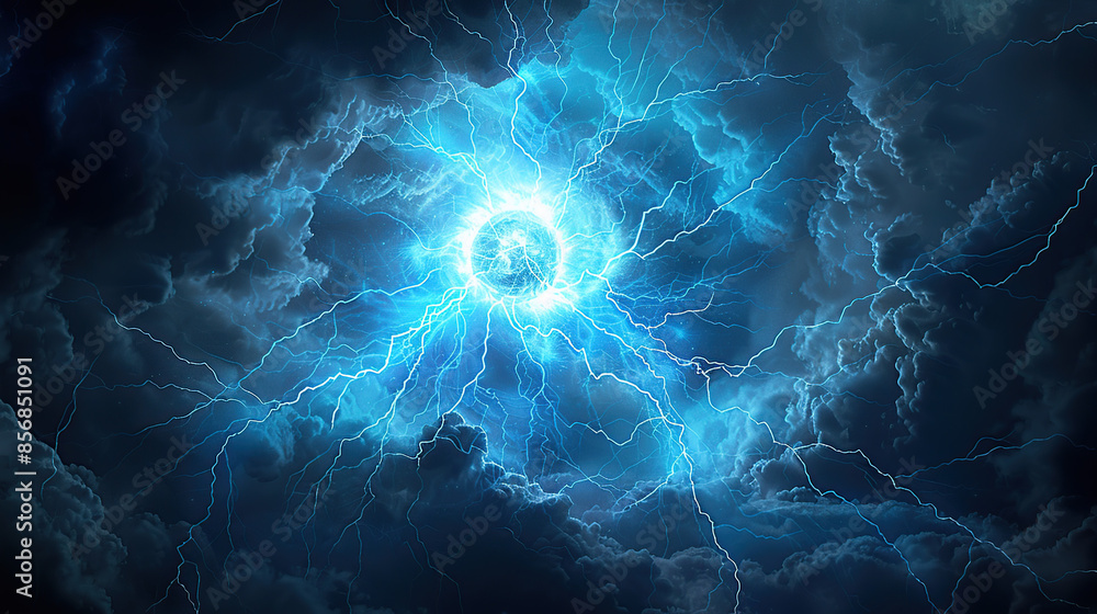 A dark blue lightning storm with a glowing sphere of light in the center A dark blue lightning storm with a glowing sphere of light in the center