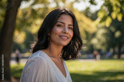 Asian woman with curly hair enjoying sunny city park 