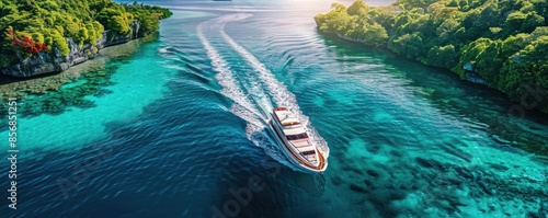 Aerial view of a speedboat cruising through vibrant turquoise waters surrounded by lush green islands on a sunny day.
