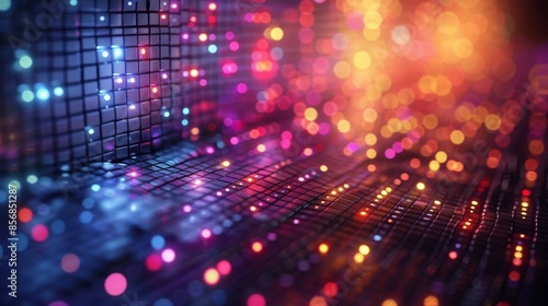 Wallpaper Mural An abstract image with a close-up of a grid, showcasing vibrant bokeh light effects simulating technology Torontodigital.ca