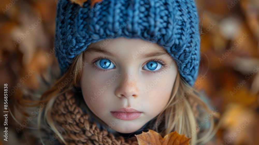 Close up of a child with striking blue eyes surrounded by autumn leaves showcasing seasonal beauty Close up of a child with striking blue eyes surrounded by autumn leaves showcasing seasonal beauty