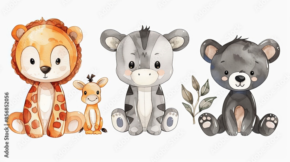 A set of jungle animals including a lion and a giraffe in a watercolor style with plant elements A set of jungle animals including a lion and a giraffe in a watercolor style with plant elements