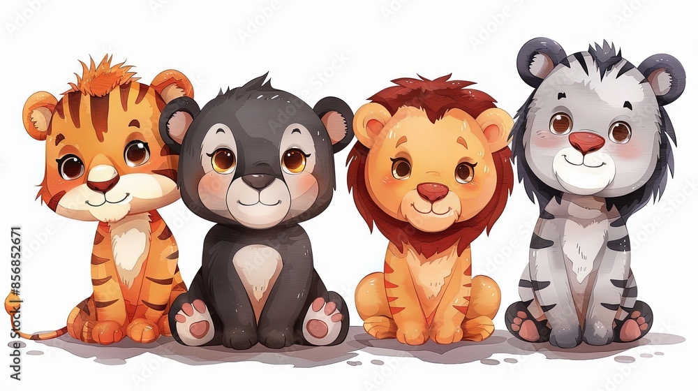 Four endearing cartoon cub illustrations, featuring a tiger, bear, lion, and white tiger on a simple background Four endearing cartoon cub illustrations, featuring a tiger, bear, lion, and white tiger on a simple background