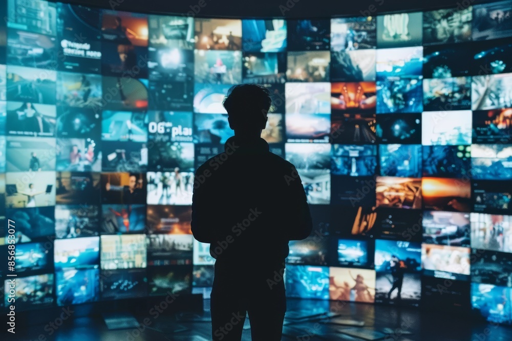 A Silhouette Standing Before a Wall of Vivid Digital Memories A Silhouette Standing Before a Wall of Vivid Digital Memories