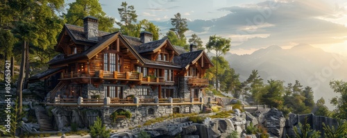 Mountain lodge with timber framing and stone walls. photo