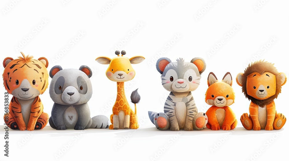 Digital artwork of plush forest animal toys standing in a row on a clean white background Digital artwork of plush forest animal toys standing in a row on a clean white background