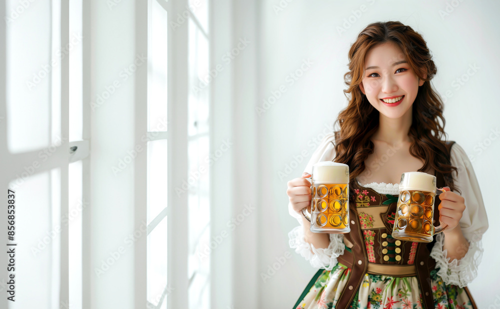 asian korean woman traditional bavarian costume smiling holding two beers isolated white background asian korean woman traditional bavarian costume smiling holding two beers isolated white background