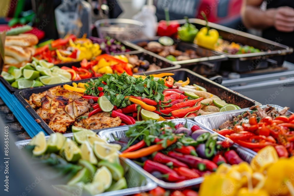 Fototapeta premium A Feast of Colors: A Vibrant Outdoor Spread of Grilled Chicken, Peppers, and Limes