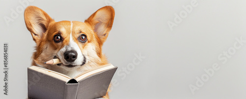 corgi dog reading book with pencil in mouth looking smart isolated white background