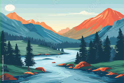 Beautiful mountain lake scenery with clear still water, mountain ridge, dense forest, meadow shores and tall pine trees in the foreground. Generative Ai. landscape river vector Made with Generative AI