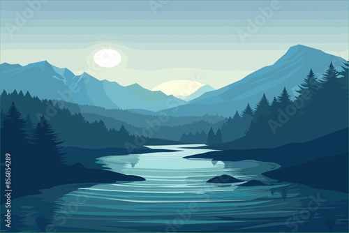 Beautiful mountain lake scenery with clear still water, mountain ridge, dense forest, meadow shores and tall pine trees in the foreground. Generative Ai. landscape river vector Made with Generative AI