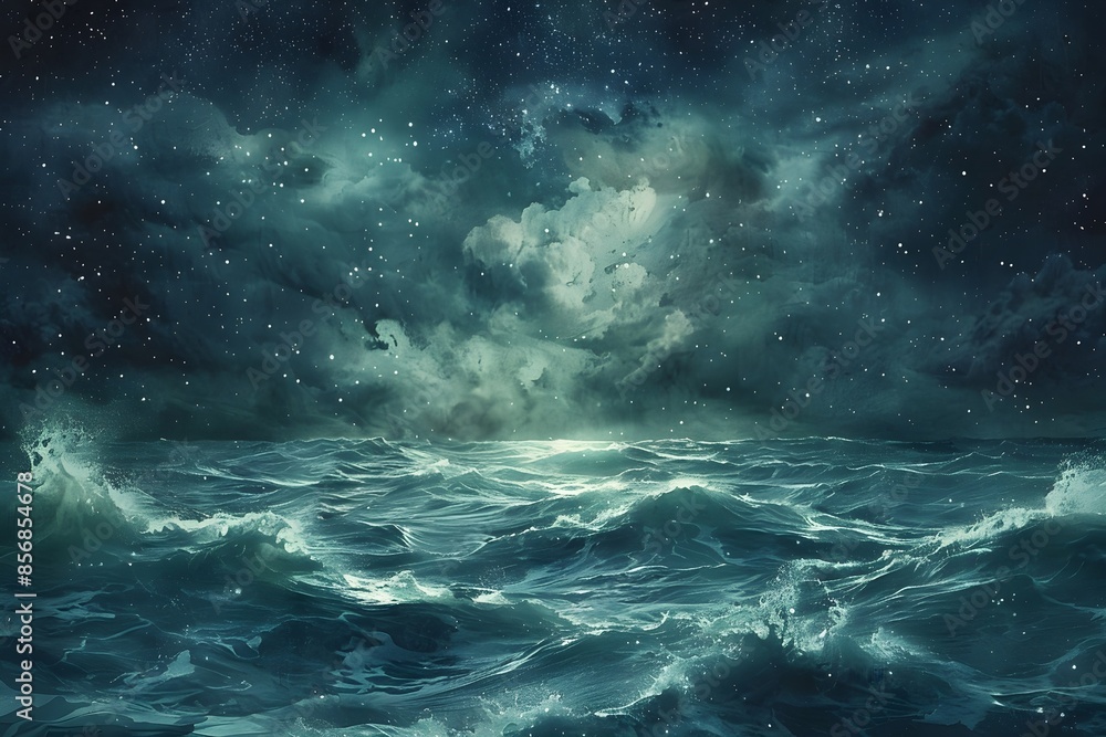 The dark sea is churned up by a storm, with huge waves crashing against each other and the wind whipping up the foam into a frenzy. The dark sea is churned up by a storm, with huge waves crashing against each other and the wind whipping up the foam into a frenzy.
