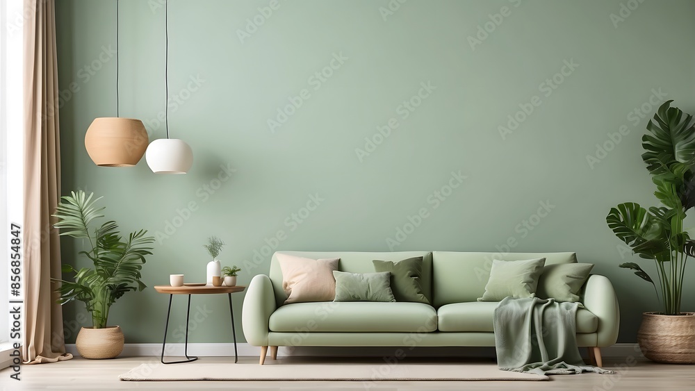 Obraz premium Minimalist living room with TV wall mounted space, mockup of tv in drawing room with muted green wall background