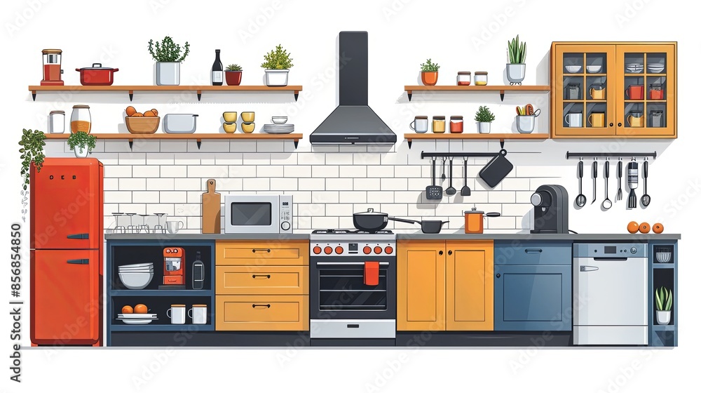 Fototapeta premium Interior of kitchen, furniture composition set and accessories for design. Cabinets and appliances, fridge and isle, stove for cooking and table for dinner. Vector in flat style illustration