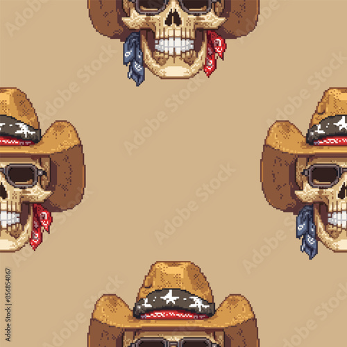 Old west pixel skulls in cowboy hats seamless pattern on light beige