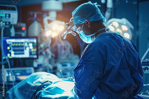 Surgeons perform a detailed gastroscopy surrounded by medical equipment in the operating room, utilizing specialized tools for diagnosis and treatment photo