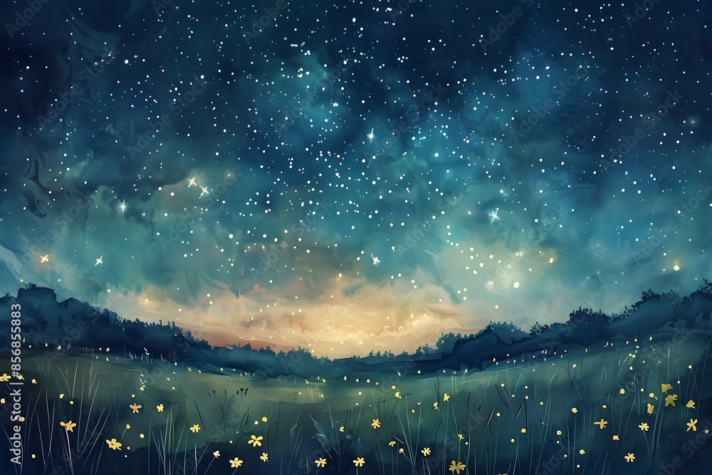 The watercolor painting shows a small village by the river in the evening. The sky is dark and full of stars. The lights in the houses are reflected in the water. The watercolor painting shows a small village by the river in the evening. The sky is dark and full of stars. The lights in the houses are reflected in the water.