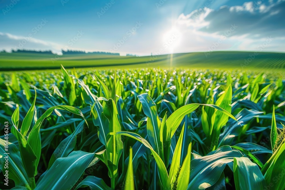 Fototapeta premium A vibrant cornfield under a bright, sunny sky. Green cornstalks stretch across the landscape, evoking the essence of agriculture and rural life.