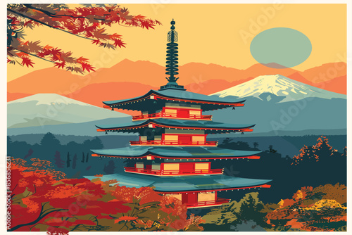 Famous landmarks of Japan in autumn nature cartoon background. Fantasy illustration of Japanese art style. Old traditional japan house. Korean background image in pastel tones.