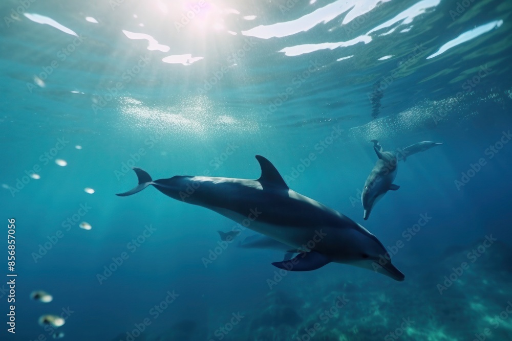 Fototapeta premium Dolphins swimming underwater with sunlight filtering through. Ocean wildlife photography with clear water. Marine exploration and wildlife
