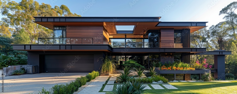 Contemporary home with a sleek, flat roof. Contemporary home with a sleek, flat roof.