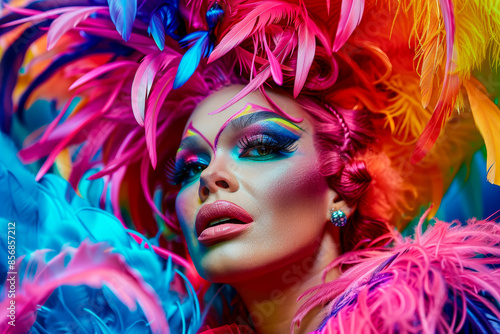 An elegant drag queen in colorful makeup and wigs © Polina
