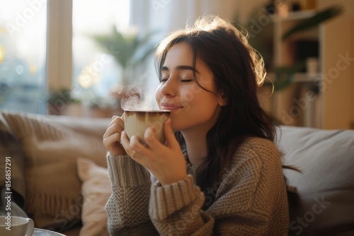 Young smiling woman enjoying in smell of fresh coffee at home