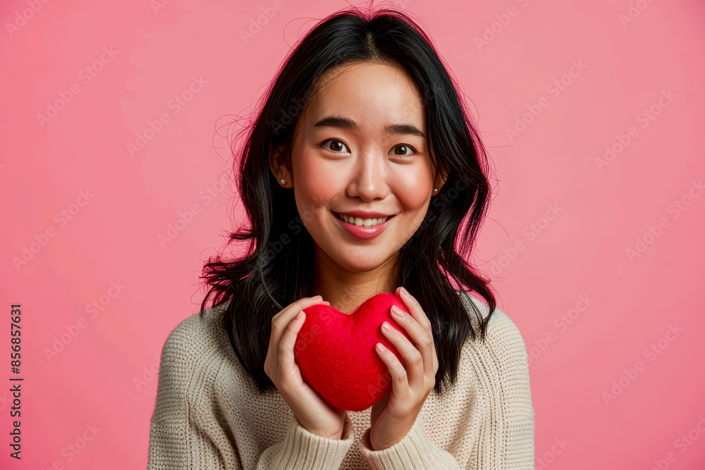 Asian woman feels happy and romantic showing heart model Asian woman feels happy and romantic showing heart model