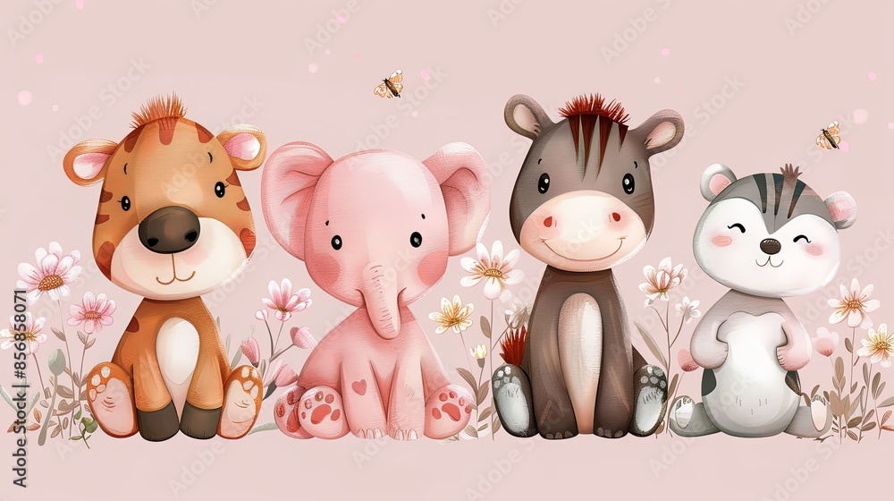 A group of friendly safari animals depicted in cartoon style, set against a soft pink floral background A group of friendly safari animals depicted in cartoon style, set against a soft pink floral background