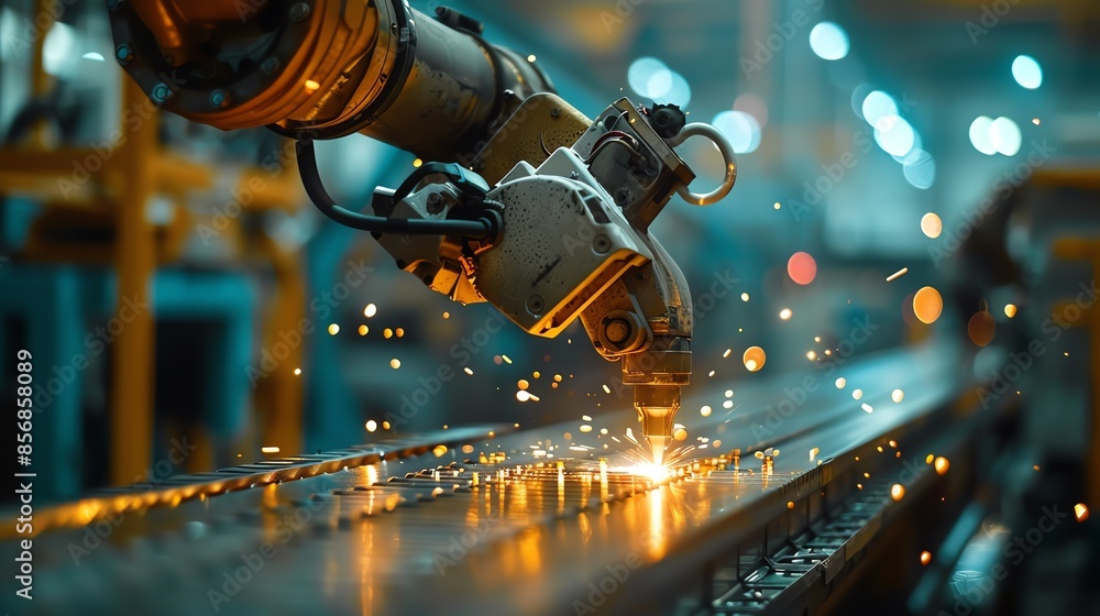 Industrial robot arm performing precision welding with sparks flying in a factory setting, showcasing advanced automation technology. Industrial robot arm performing precision welding with sparks flying in a factory setting, showcasing advanced automation technology.
