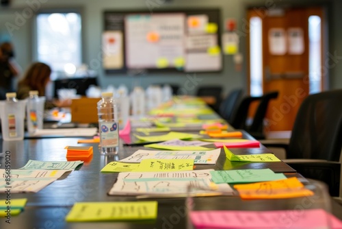 A Brainstorming Session in a Conference Room With Colorful Sticky Notes and Water Bottles