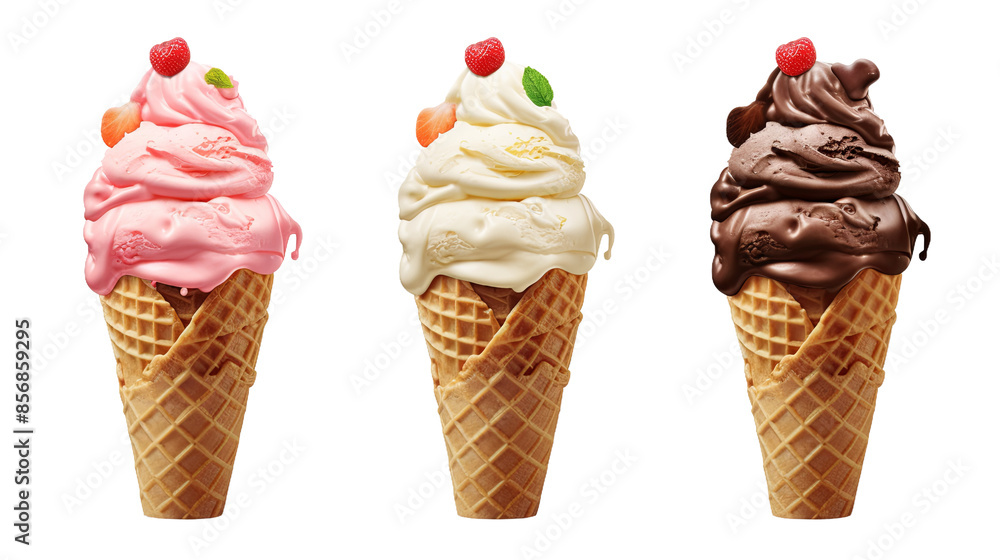 Delicious Chocolate, Vanilla, and Strawberry Ice Cream Set - 3D Digital Art Top View Flat Lay Delicious Chocolate, Vanilla, and Strawberry Ice Cream Set - 3D Digital Art Top View Flat Lay