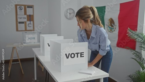 Young woman voting in mexican election indoor with ballot and flag photo