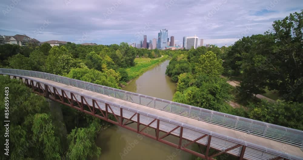 Ascending drone view of the Buffalo Bayou and downtown Houston, Texas Ascending drone view of the Buffalo Bayou and downtown Houston, Texas