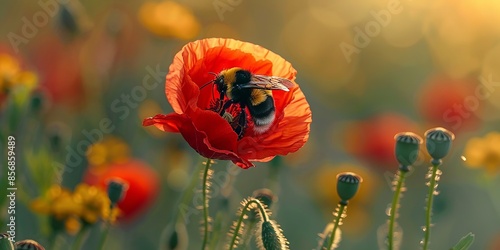 Bee Pollinating Vibrant Red Flower in Sunlit Meadow
