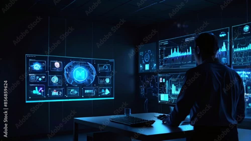 A person is standing in a dark room looking at a large screen with a globe and graphs on it. A person is standing in a dark room looking at a large screen with a globe and graphs on it.
