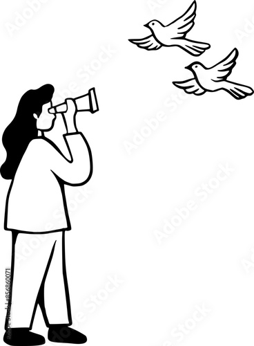 Hand Drawn Illustration Female look at Birds with Binocular