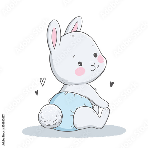 Vector illustration of cute white gray bunny, rabbit, hare. Cute sitting animal portrait with a toy in pastel colors. Stickers, wall art, baby shower, kids room decoration, easter decoration, print.