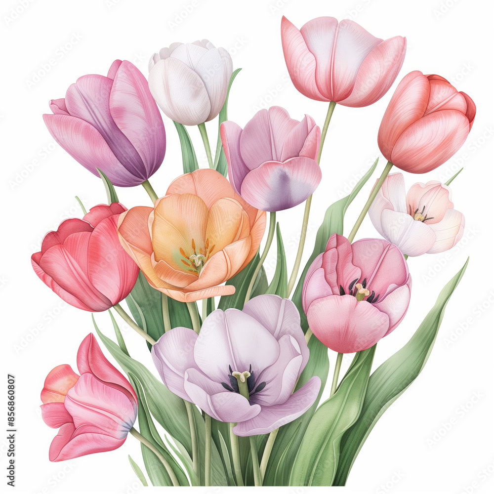 A vibrant floral illustration featuring a beautiful bouquet of multicolored tulips in various shades and stages of bloom. A vibrant floral illustration featuring a beautiful bouquet of multicolored tulips in various shades and stages of bloom.