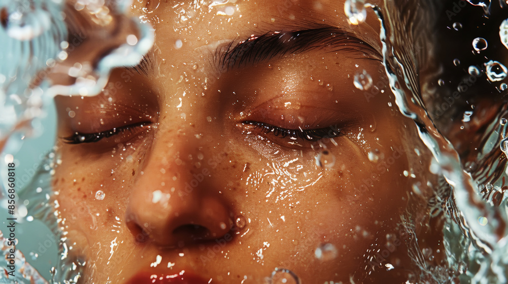 Aesthetic young woman face with closed eyes and splashing water, moisturizing concept, beauty advertising. Generative AI Aesthetic young woman face with closed eyes and splashing water, moisturizing concept, beauty advertising. Generative AI
