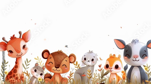 A group of seven charming watercolor savannah animals among gentle flora, with a giraffe and koala among them photo