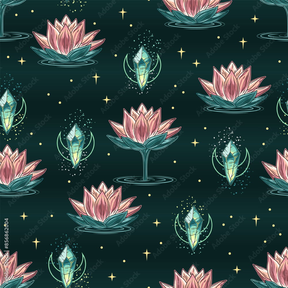 Seamless mysterious pattern with lotus flower, magic glowing crystals ...