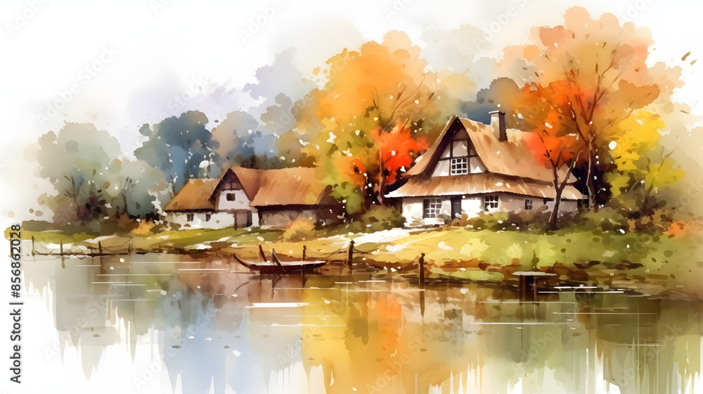 Fototapeta premium Charming Cottages Watercolor Style