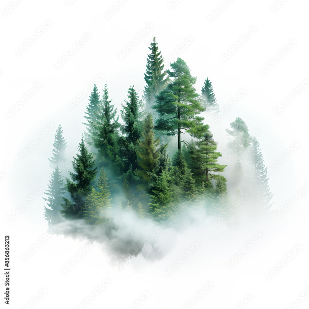 Fototapeta premium Misty forest with tall evergreen trees shrouded in fog, creating a serene and mystical natural landscape.