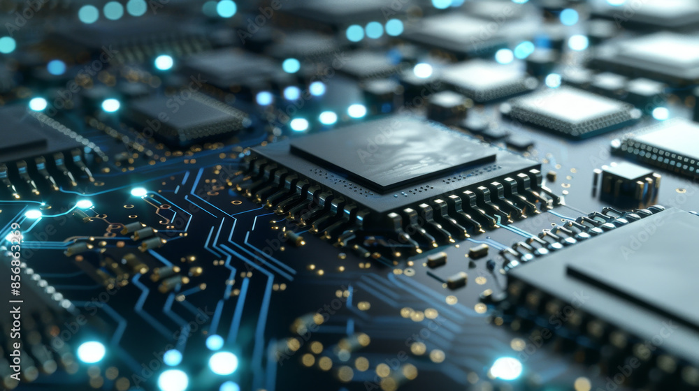 Array of modern computer chips glowing in blue and white lights on sleek black surface, intricate details, advanced technology atmosphere. Array of modern computer chips glowing in blue and white lights on sleek black surface, intricate details, advanced technology atmosphere.
