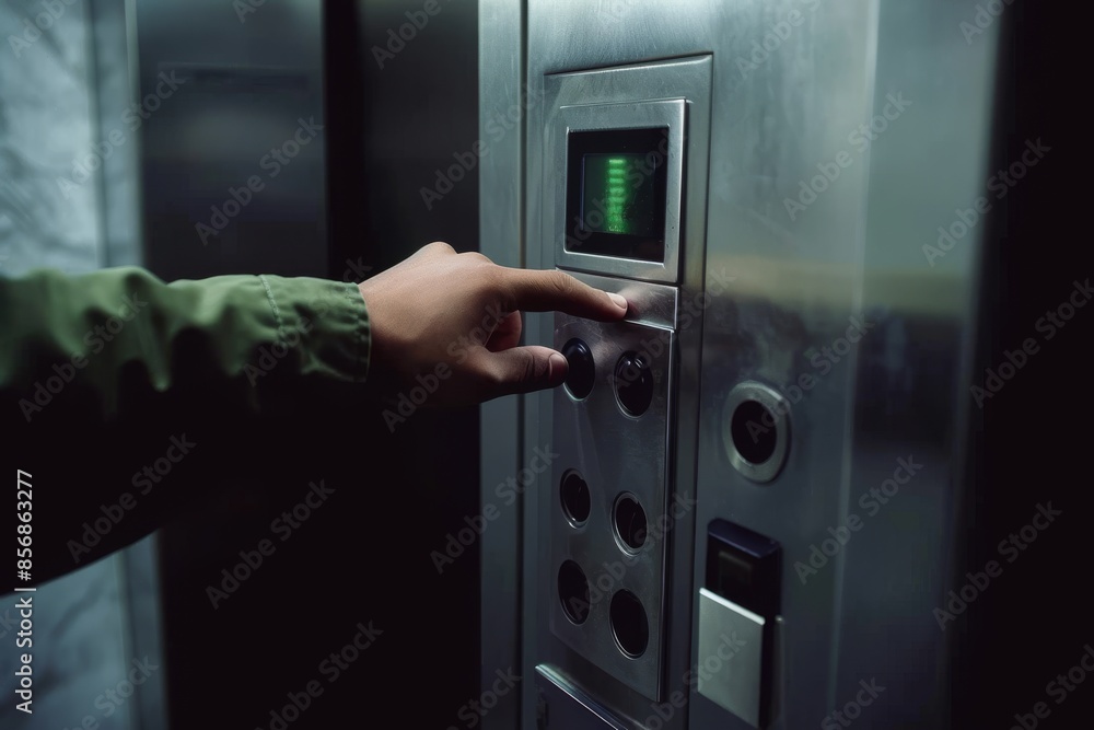 Shot of an unrecognizable man pressing a button in an elevator Level up Shot of an unrecognizable man pressing a button in an elevator Level up