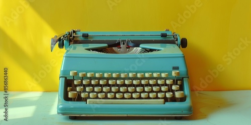 Vintage Blue Typewriter Against Bright Yellow Background photo